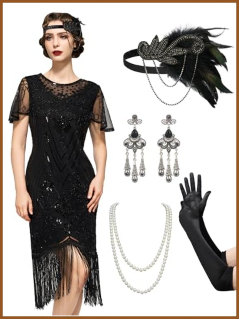 1920s Flapper Dress with Lace Neck, Fringe & Short Sleeves - Great Gatsby